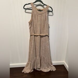 Tommy Hilfiger High Low Belted Halter Dress in Tan & White